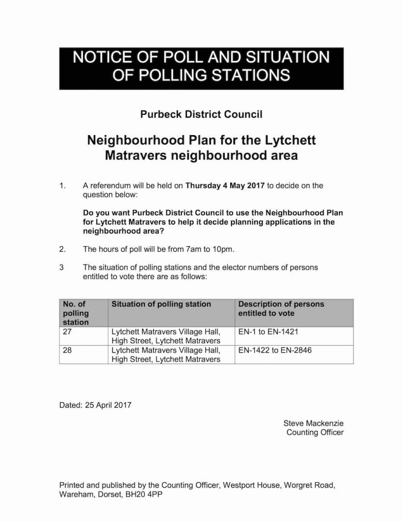 Lytchett Matravers Neighbourhood Plan Notice of Poll - 4th May 2017
