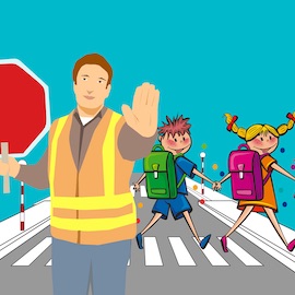 Decorative illustration of children at a school crossing
