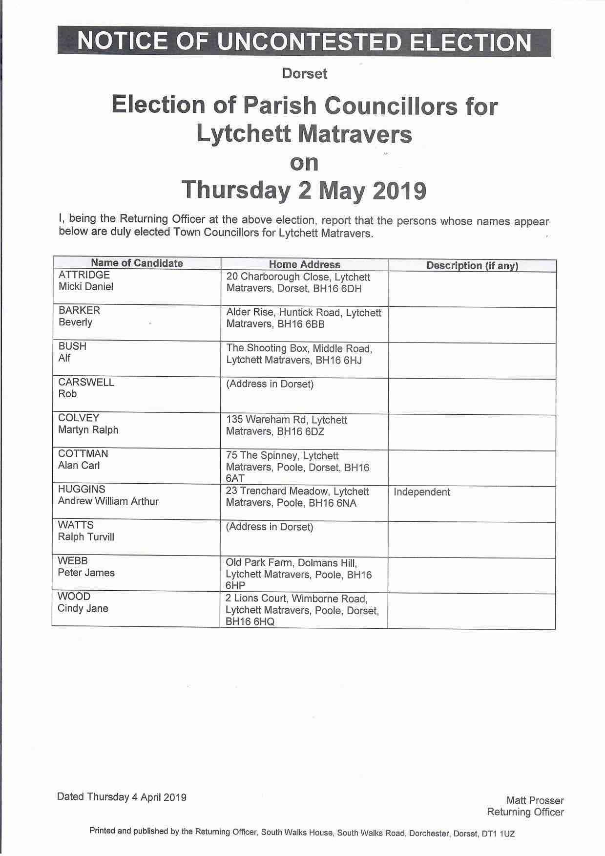 Notice of uncontested election Lytchett Matravers 2019