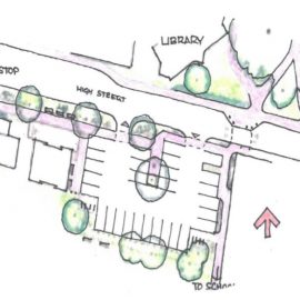 Image of an artist’s sketch of Lytchett Matravers High Street between the Sports Club and Library. This area is known as the Village Centre