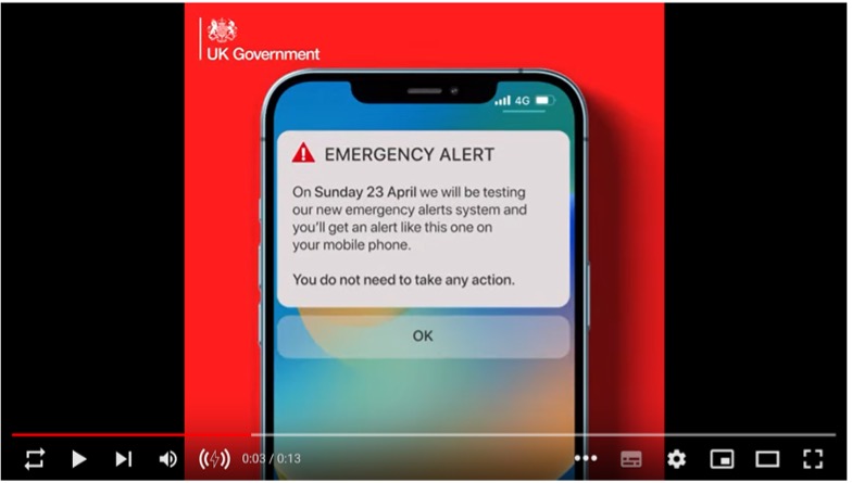Image showing a clip from the video of a mobile phone with the emergency alert text showing